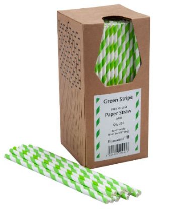 Picture of PACK OF 250 GREEN STRIPE PAPER DRINKING STRAW BIODEGRADABLE 8" 6MM BORE