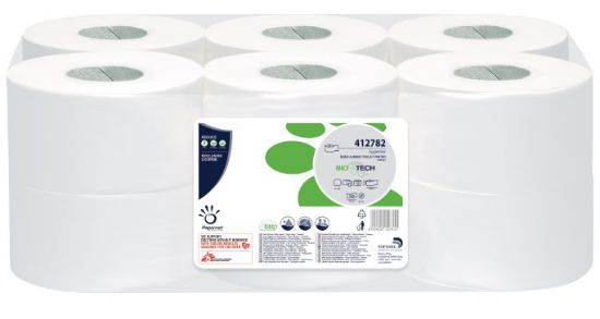 Picture of BIO TECH 200M MINI JUMBO TOILET ROLL - 60MM CORE WHITE 2 PLY (PURE) (12)